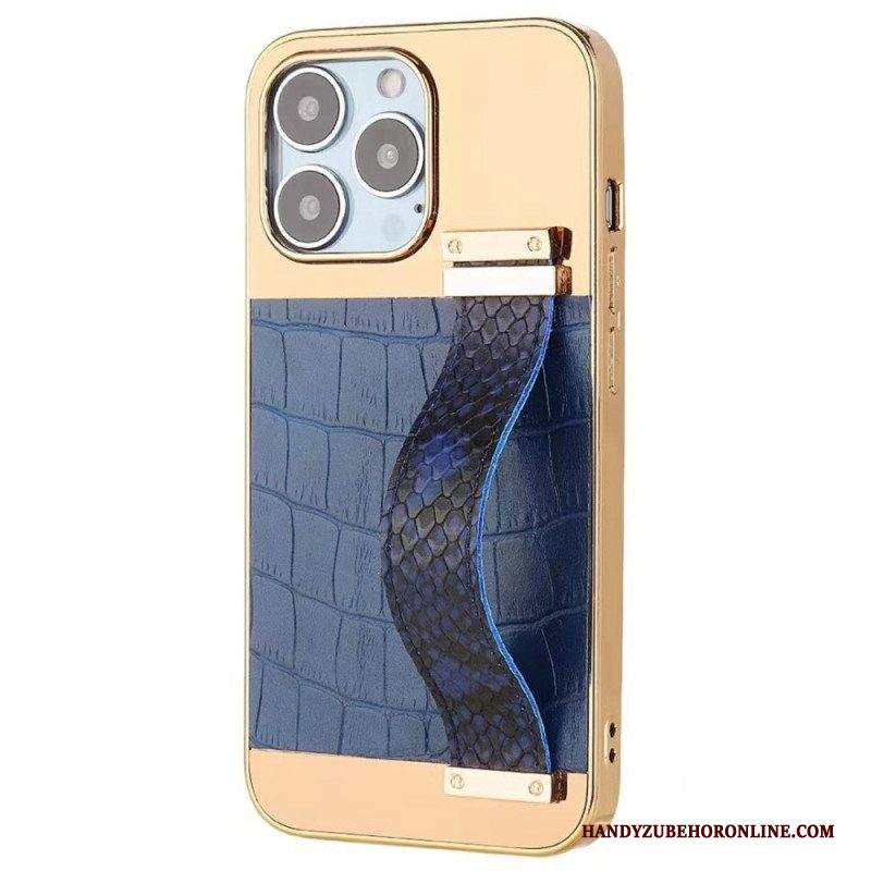 Cover iPhone 14 Finta Pelle Di Coccodrillo Con Cinturino Di Sostegno