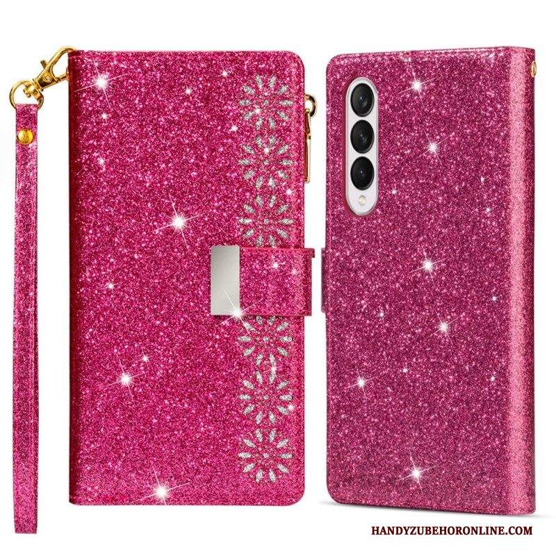 Custodia A Portafoglio Samsung Galaxy Z Fold 4 Ultra Paillettes Con Cinturino