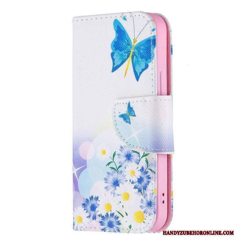 Custodia A Portafoglio iPhone 13 Mini Farfalle E Fiori Dipinti