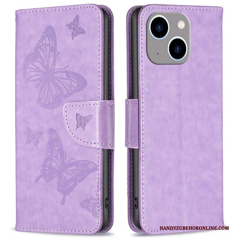 Custodia A Portafoglio iPhone 14 Plus Farfalle Stampate Strappy