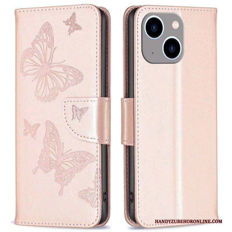 Custodia A Portafoglio iPhone 14 Plus Farfalle Stampate Strappy