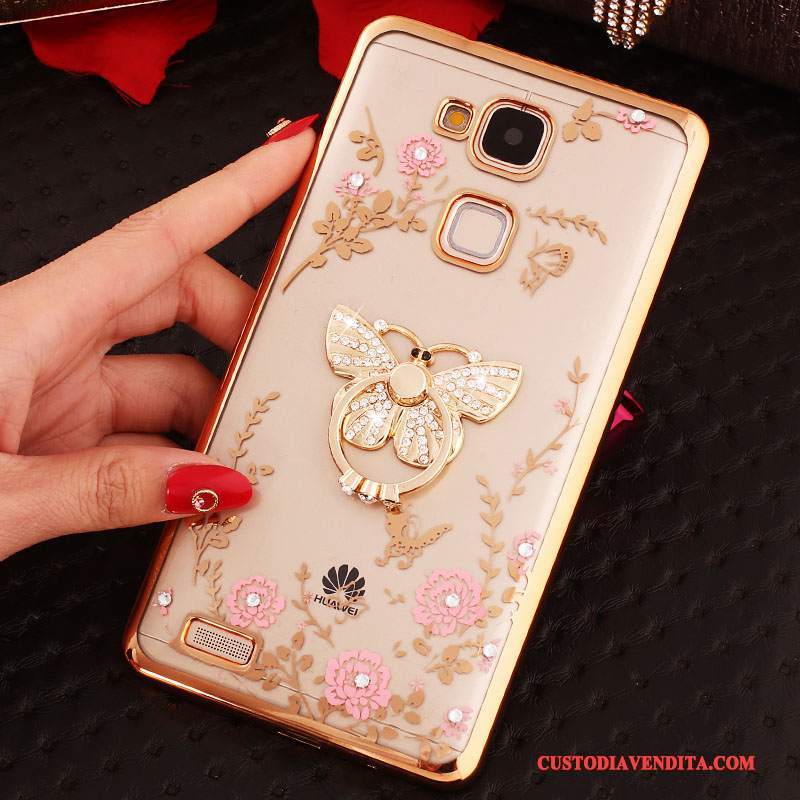 Custodia Huawei Ascend Mate 7 Strass Ring Fibbia, Cover Huawei Ascend Mate 7 Silicone Telefono Rosa