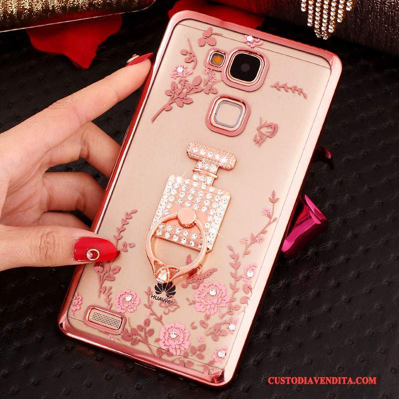 Custodia Huawei Ascend Mate 7 Strass Ring Fibbia, Cover Huawei Ascend Mate 7 Silicone Telefono Rosa