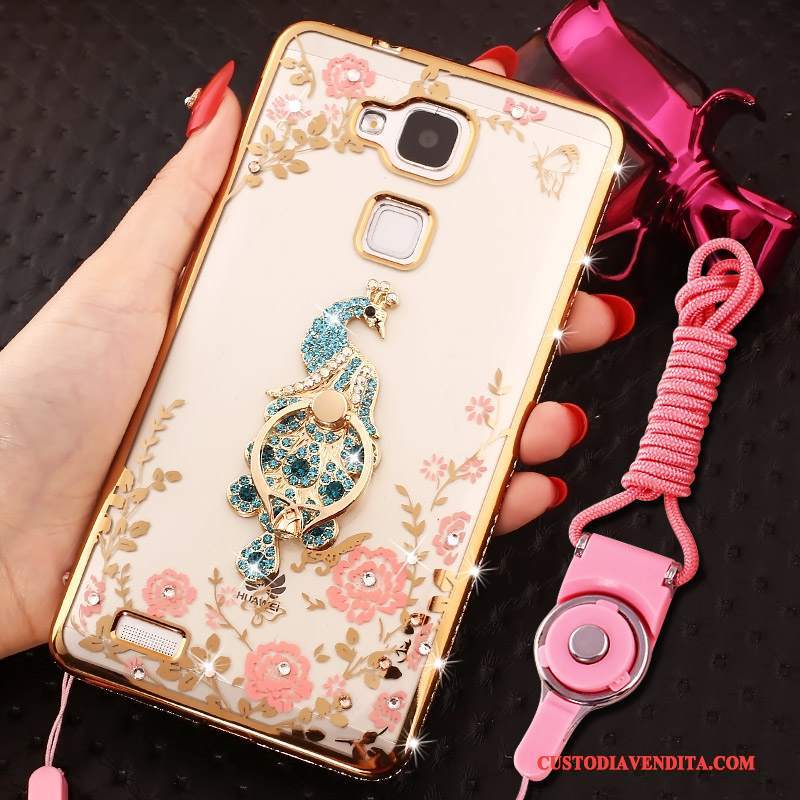 Custodia Huawei Ascend Mate 7 Strass Ring Ornamenti Appesi, Cover Huawei Ascend Mate 7 Silicone Telefono Oro