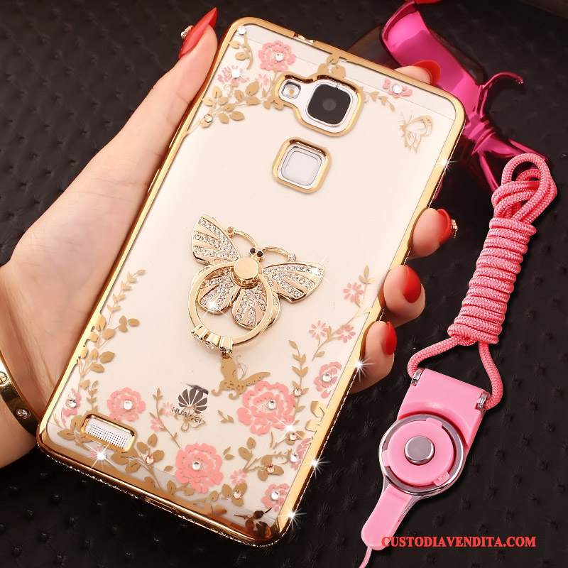 Custodia Huawei Ascend Mate 7 Strass Ring Ornamenti Appesi, Cover Huawei Ascend Mate 7 Silicone Telefono Oro