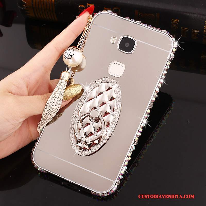 Custodia Huawei G7 Plus Strass Difficile Argento, Cover Huawei G7 Plus Protezione Metallo Telaio