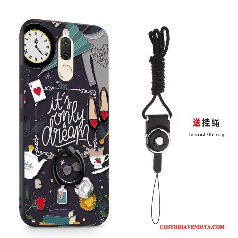 Custodia Huawei Mate 10 Lite Cartone Animato Morbido Nero, Cover Huawei Mate 10 Lite Goffratura Telefono Ring