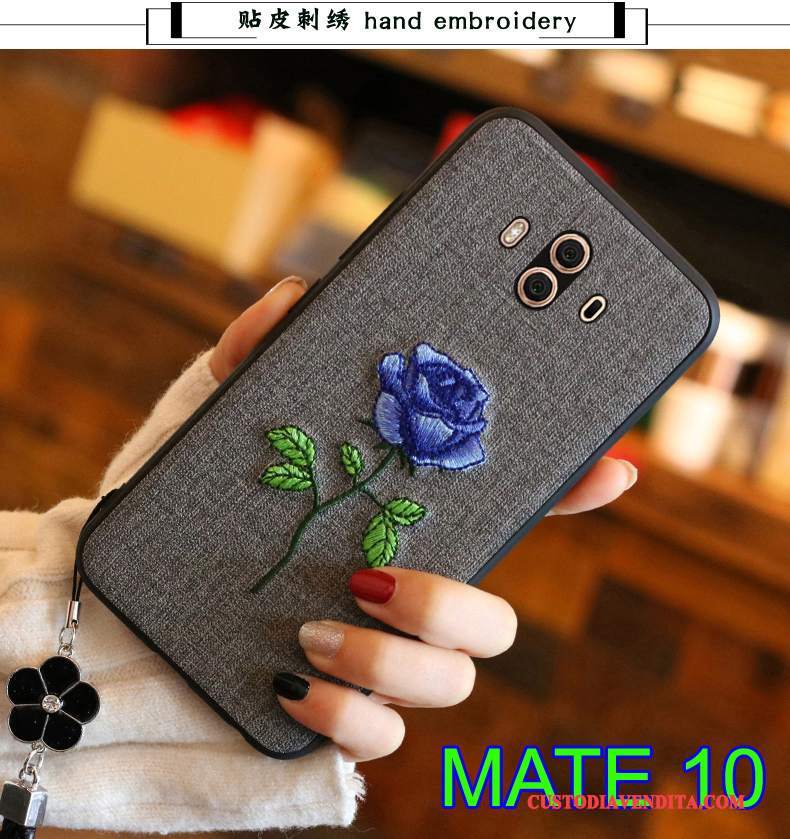 Custodia Huawei Mate 10 Silicone Blu Scuro Ricamo, Cover Huawei Mate 10 Pelle Morbidotelefono