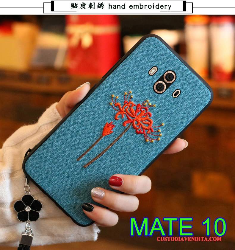 Custodia Huawei Mate 10 Silicone Blu Scuro Ricamo, Cover Huawei Mate 10 Pelle Morbidotelefono