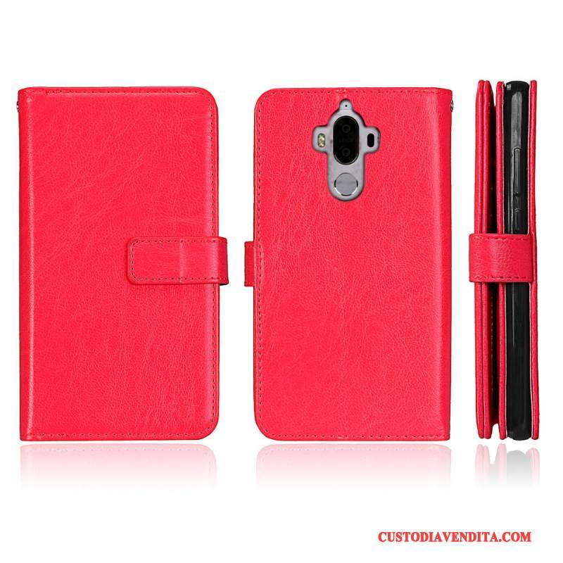 Custodia Huawei Mate 9 Folio Telefono Anti-caduta, Cover Huawei Mate 9 Pelle Rosso Tutto Incluso