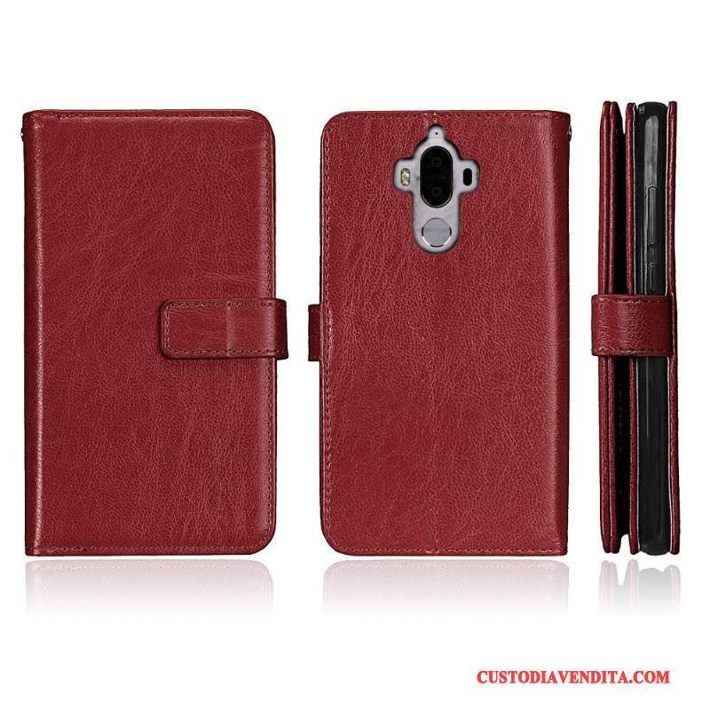 Custodia Huawei Mate 9 Folio Telefono Anti-caduta, Cover Huawei Mate 9 Pelle Rosso Tutto Incluso