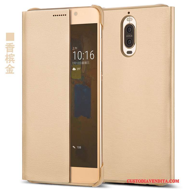 Custodia Huawei Mate 9 Pro Pelle Finestre Tutto Incluso, Cover Huawei Mate 9 Pro Protezione Dormienza Blu