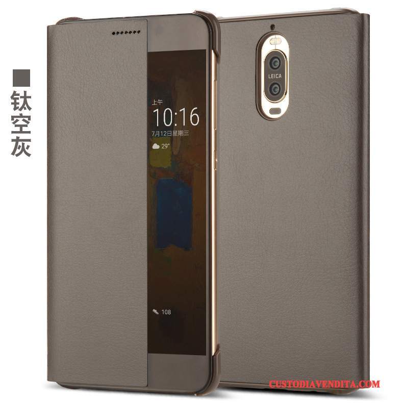 Custodia Huawei Mate 9 Pro Pelle Finestre Tutto Incluso, Cover Huawei Mate 9 Pro Protezione Dormienza Blu