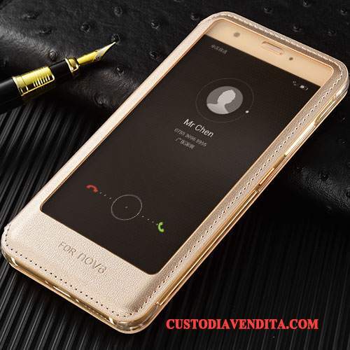 Custodia Huawei Nova Folio Oro Anti-caduta, Cover Huawei Nova Pelle Telefono