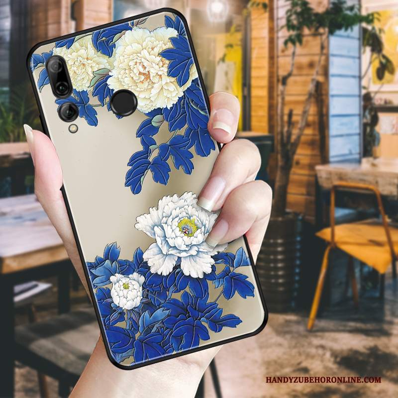 Custodia Huawei P Smart+ 2019 Goffratura Peonia Bianco, Cover Huawei P Smart+ 2019 Protezione Nero Fiori