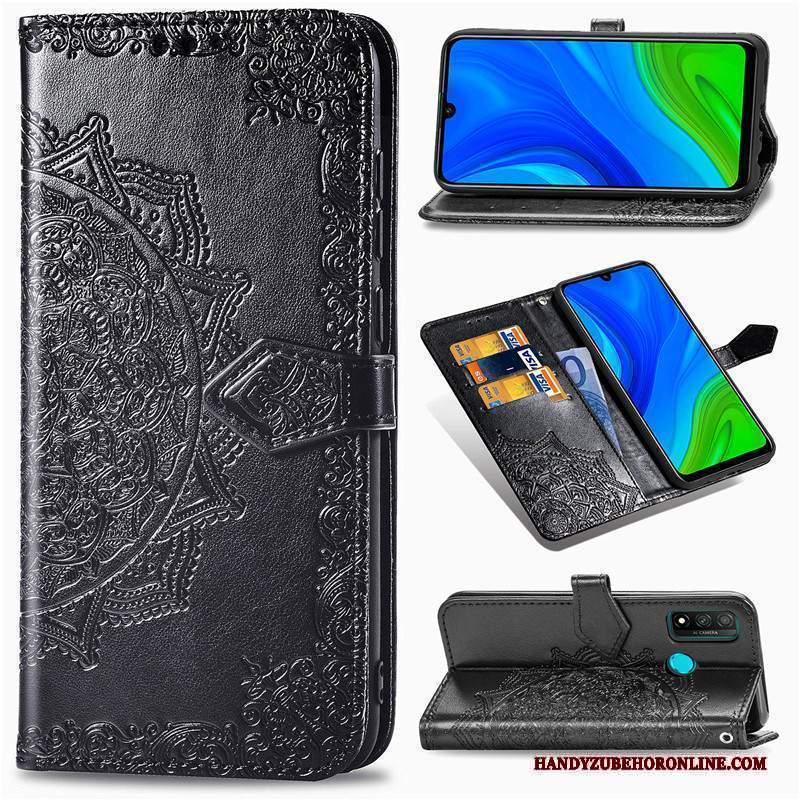 Custodia Huawei P Smart 2020 Pelle Ornamenti Appesitelefono, Cover Huawei P Smart 2020 Goffratura Monocromatico Nero