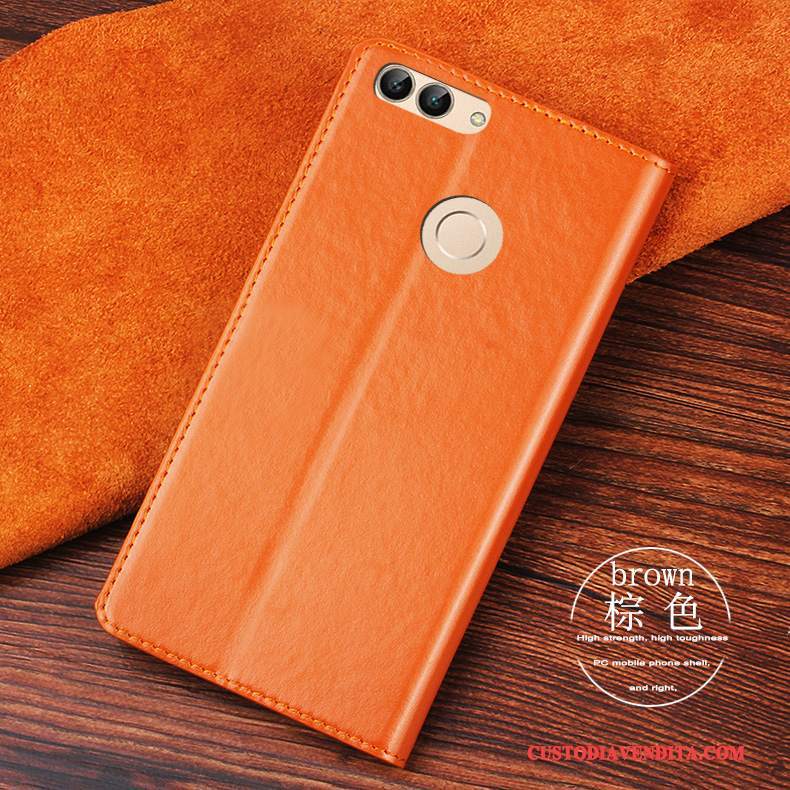 Custodia Huawei P Smart Folio Anti-caduta Arancione, Cover Huawei P Smart Pelle Telefono