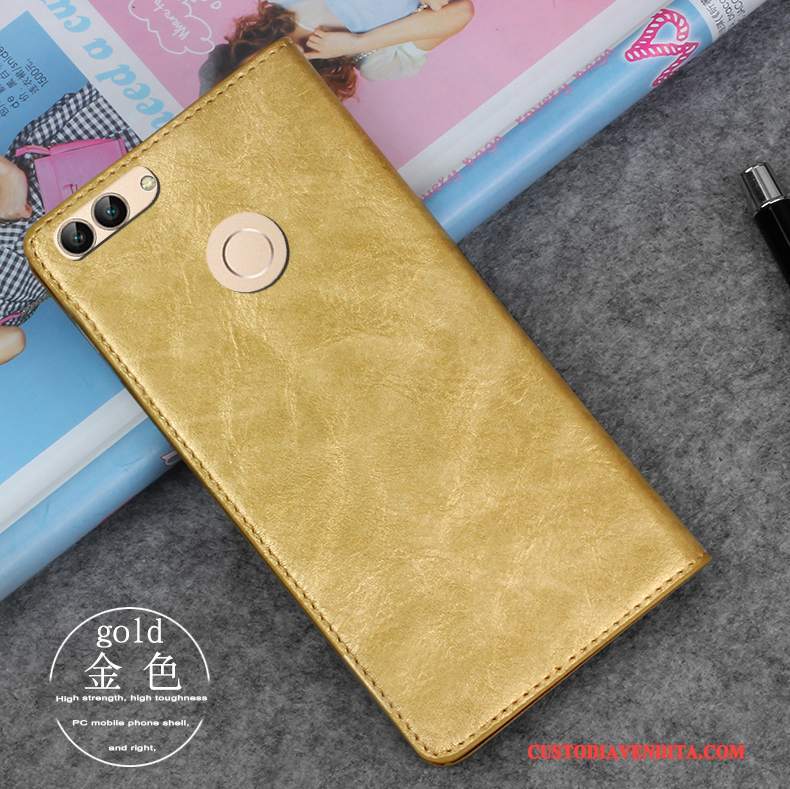 Custodia Huawei P Smart Folio Oro Anti-caduta, Cover Huawei P Smart Pelle Telefono