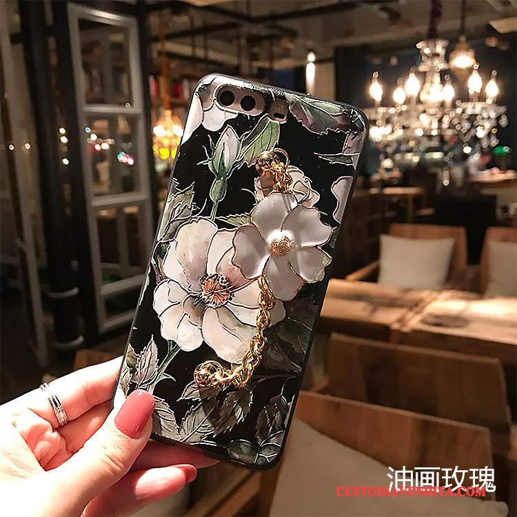 Custodia Huawei P10 Goffratura Fiori Nero, Cover Huawei P10 Colore Tutto Incluso Macchiati