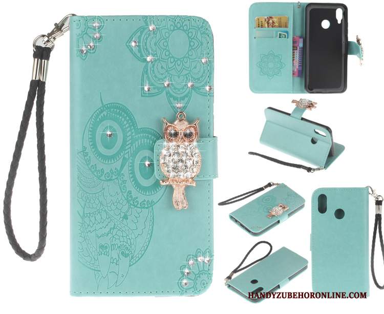 Custodia Huawei P20 Lite Strass Blu Goffratura, Cover Huawei P20 Lite Protezione Telefono Gattino