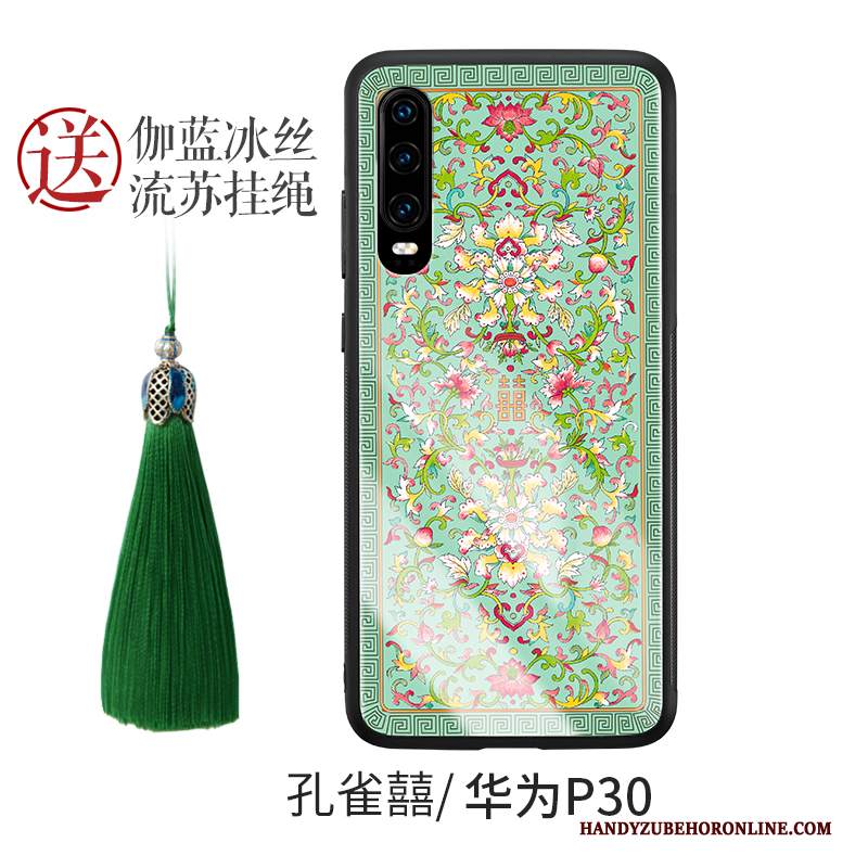 Custodia Huawei P30 Creativo Tendenza Stile Cinese, Cover Huawei P30 Silicone Verde Vetro