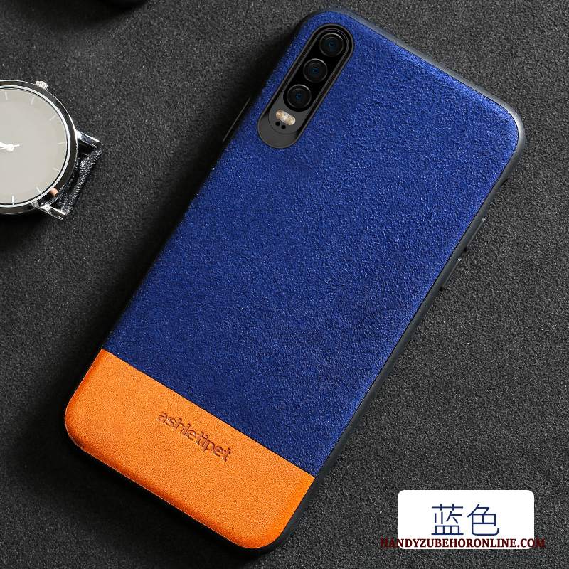 Custodia Huawei P30 Pelle Blu Qualità, Cover Huawei P30 Creativo Giuntura Marchio Di Tendenza