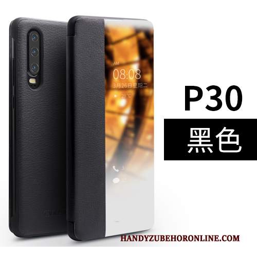 Custodia Huawei P30 Protezione Affari Mucca, Cover Huawei P30 Pelle Dormienza Finestra Aperta