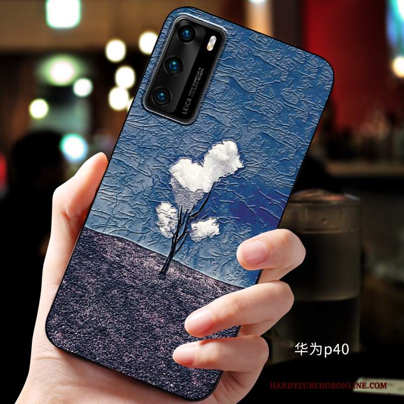 Custodia Huawei P40 Goffratura Blu Morbido, Cover Huawei P40 Protezione Telefono