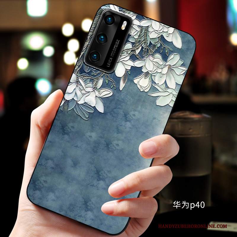 Custodia Huawei P40 Goffratura Blu Morbido, Cover Huawei P40 Protezione Telefono