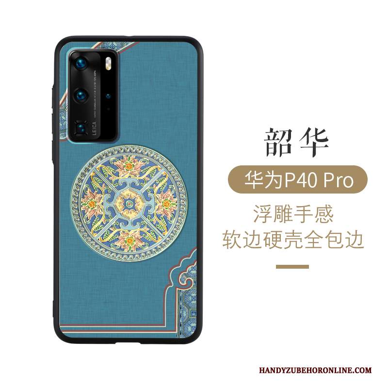 Custodia Huawei P40 Pro Goffratura Stile Cinese Vento, Cover Huawei P40 Pro Creativo Di Personalità Blu