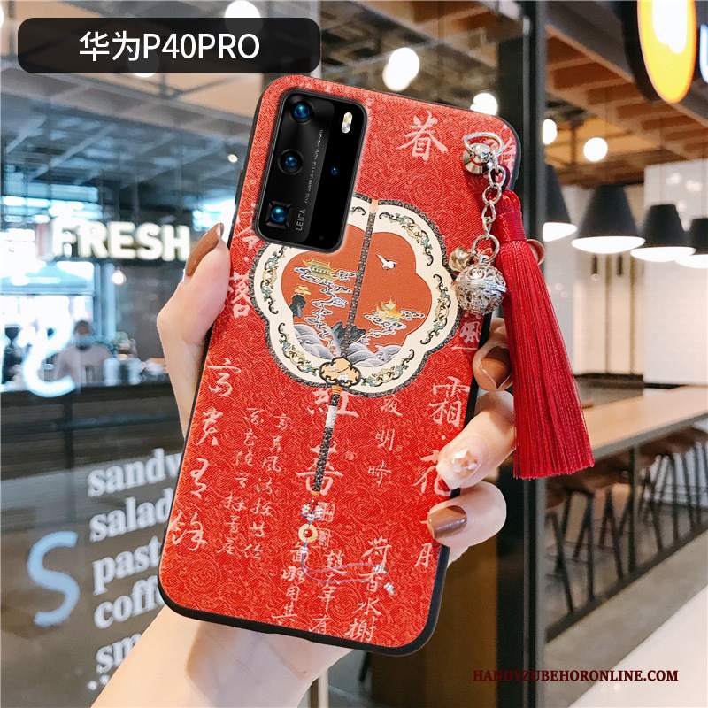 Custodia Huawei P40 Pro Vintage Nappa Rosso, Cover Huawei P40 Pro Protezione Stile Cinesetelefono