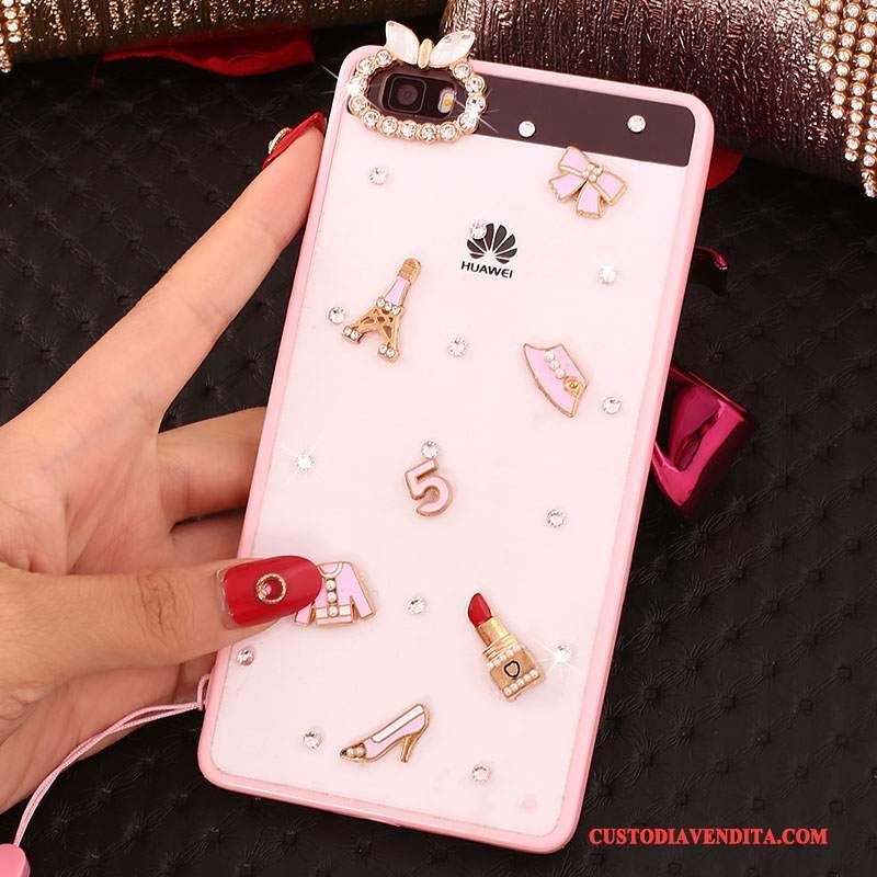 Custodia Huawei P8 Lite Strass Rosa Gioventù, Cover Huawei P8 Lite Protezione Telefono Collo Appeso