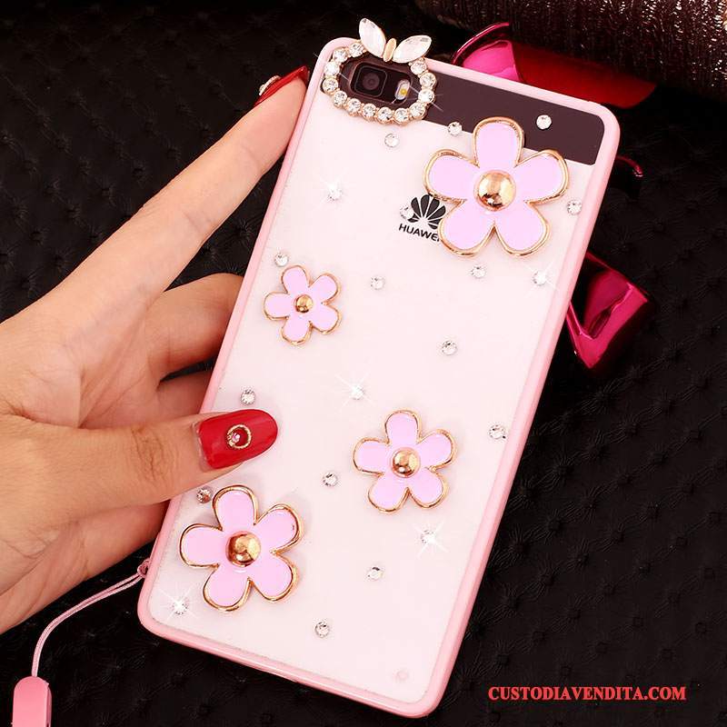 Custodia Huawei P8 Lite Strass Rosa Gioventù, Cover Huawei P8 Lite Protezione Telefono Collo Appeso