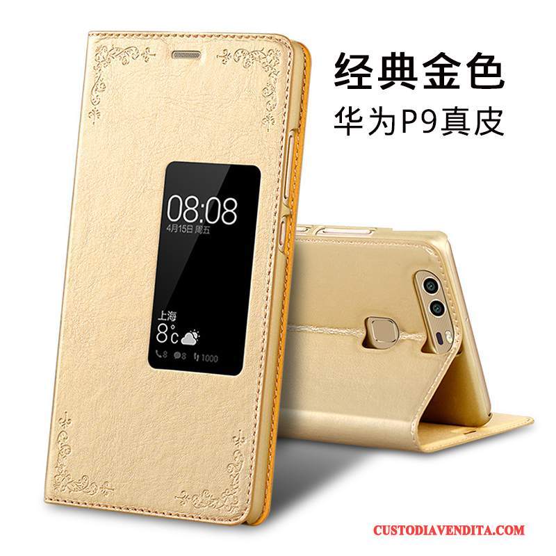 Custodia Huawei P9 Pelle Anti-caduta Oro, Cover Huawei P9 Protezione Tutto Inclusotelefono