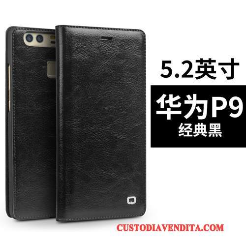 Custodia Huawei P9 Plus Folio Alto Nero, Cover Huawei P9 Plus Pelle Anti-caduta