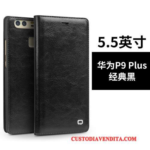 Custodia Huawei P9 Plus Folio Alto Nero, Cover Huawei P9 Plus Pelle Anti-caduta