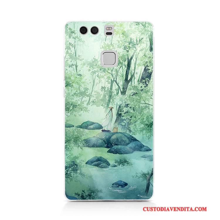 Custodia Huawei P9 Plus Vintage Verde Stile Cinese, Cover Huawei P9 Plus Protezione Dipinti A Manotelefono