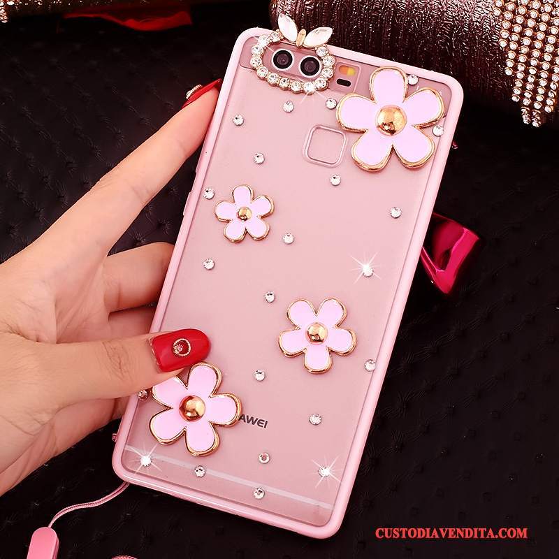 Custodia Huawei P9 Protezione Rosa Ornamenti Appesi, Cover Huawei P9 Strass Telefono