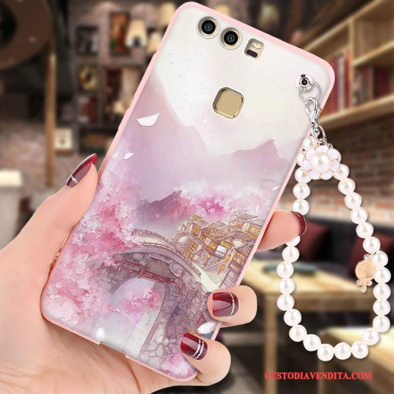 Custodia Huawei P9 Silicone Morbido Ornamenti Appesi, Cover Huawei P9 Cartone Animato Telefono Rosa