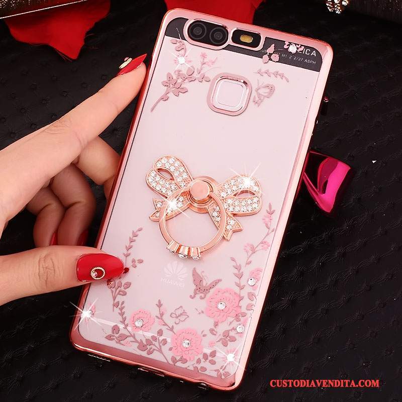 Custodia Huawei P9 Silicone Ring Rosa, Cover Huawei P9 Strass Telefono