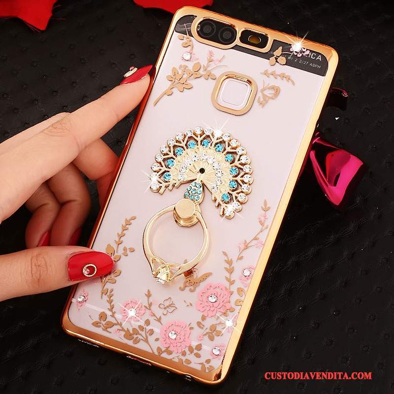 Custodia Huawei P9 Silicone Ring Rosa, Cover Huawei P9 Strass Telefono