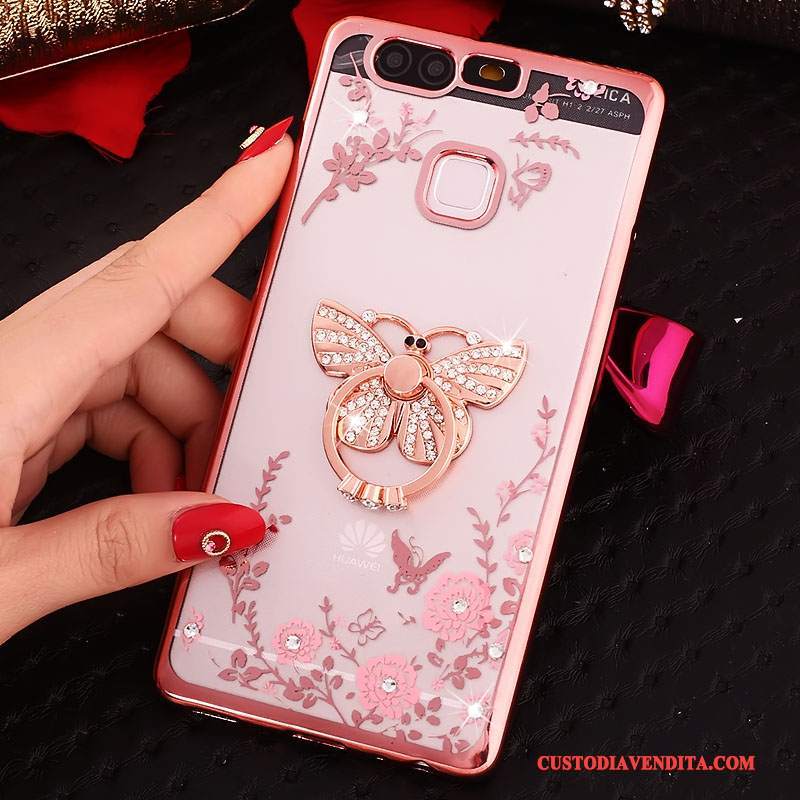 Custodia Huawei P9 Silicone Ring Rosa, Cover Huawei P9 Strass Telefono