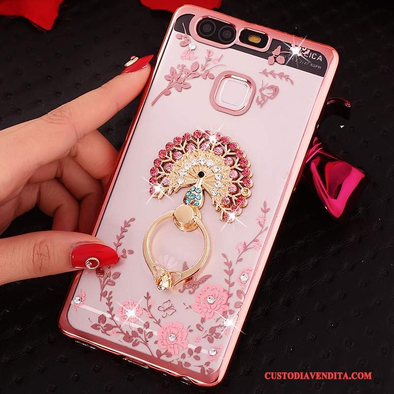 Custodia Huawei P9 Silicone Ring Rosa, Cover Huawei P9 Strass Telefono