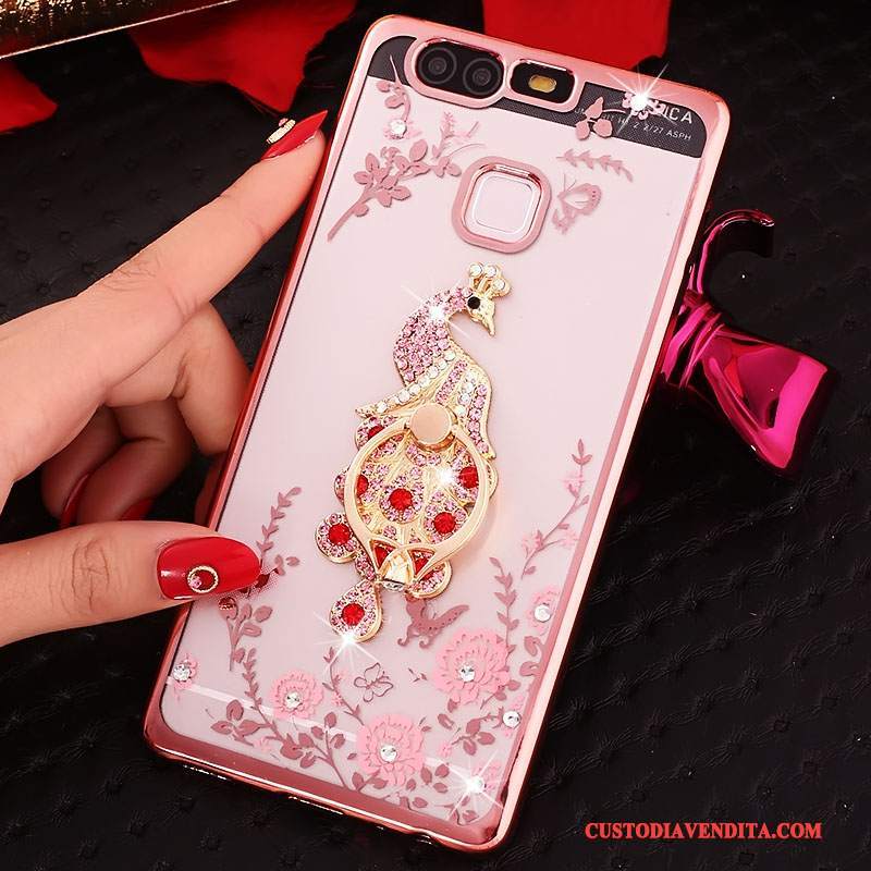 Custodia Huawei P9 Silicone Ring Rosa, Cover Huawei P9 Strass Telefono