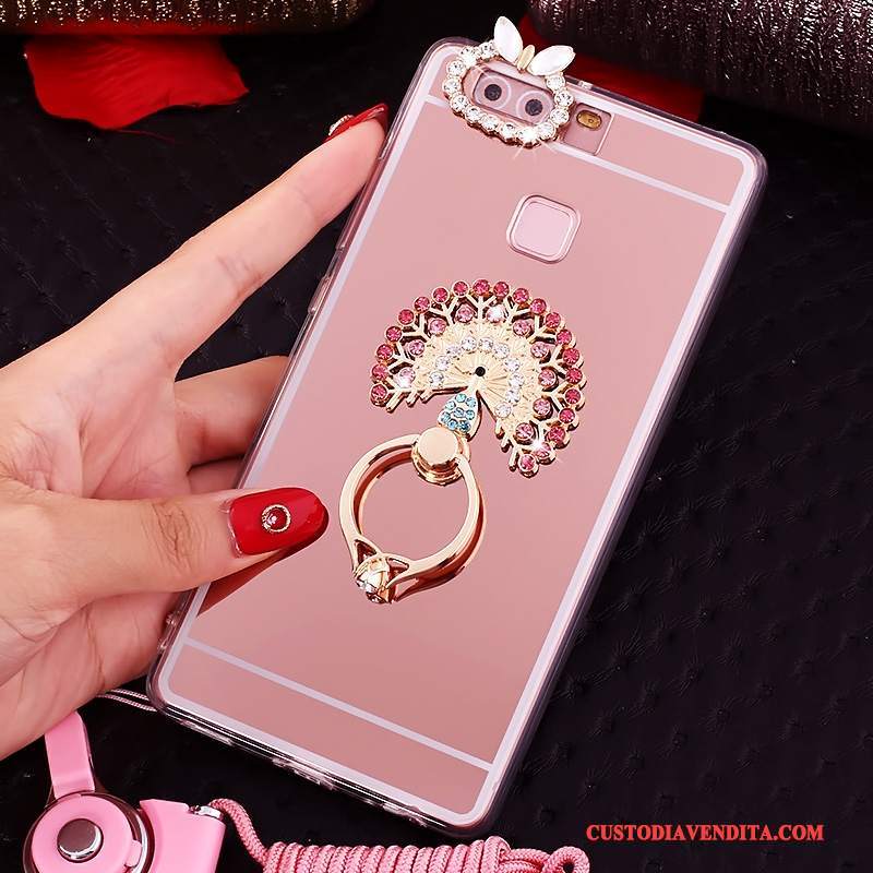 Custodia Huawei P9 Strass Rosa Supporto, Cover Huawei P9 Protezione Telefono Morbido