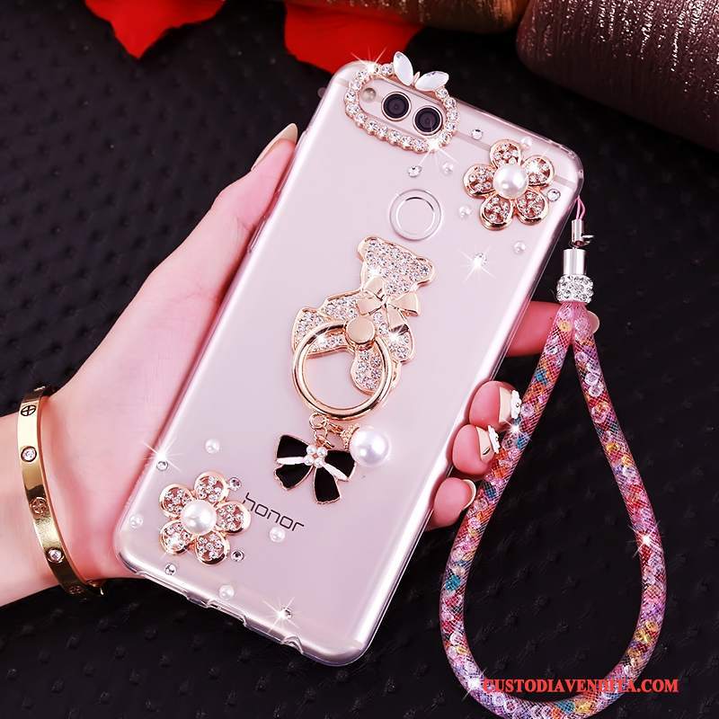 Custodia Huawei Y6 Pro 2017 Strass Ornamenti Appesitelefono, Cover Huawei Y6 Pro 2017 Silicone Rosa Anti-caduta