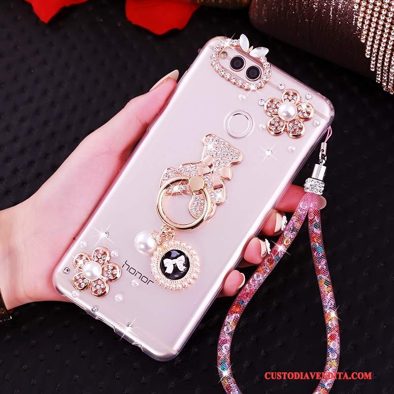 Custodia Huawei Y6 Pro 2017 Strass Ornamenti Appesitelefono, Cover Huawei Y6 Pro 2017 Silicone Rosa Anti-caduta