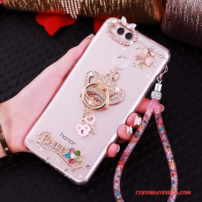 Custodia Huawei Y6 Pro 2017 Strass Ornamenti Appesitelefono, Cover Huawei Y6 Pro 2017 Silicone Rosa Anti-caduta