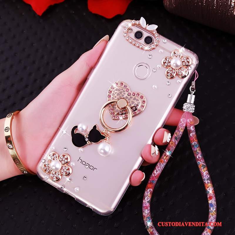 Custodia Huawei Y6 Pro 2017 Strass Ornamenti Appesitelefono, Cover Huawei Y6 Pro 2017 Silicone Rosa Anti-caduta