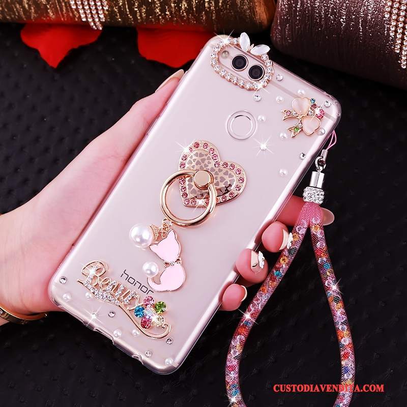 Custodia Huawei Y6 Pro 2017 Strass Ornamenti Appesitelefono, Cover Huawei Y6 Pro 2017 Silicone Rosa Anti-caduta